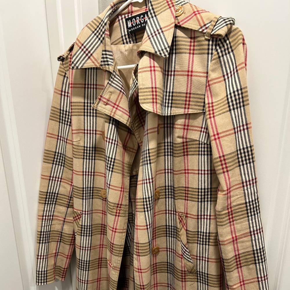 Morgan de toi beige plaid coat (similar to a Burberry pattern)